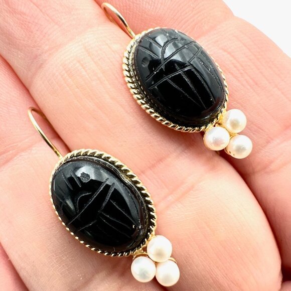 Vintage Womens Earrings 14K Yellow Gold Black Onyx Scarab Pearl Pierced